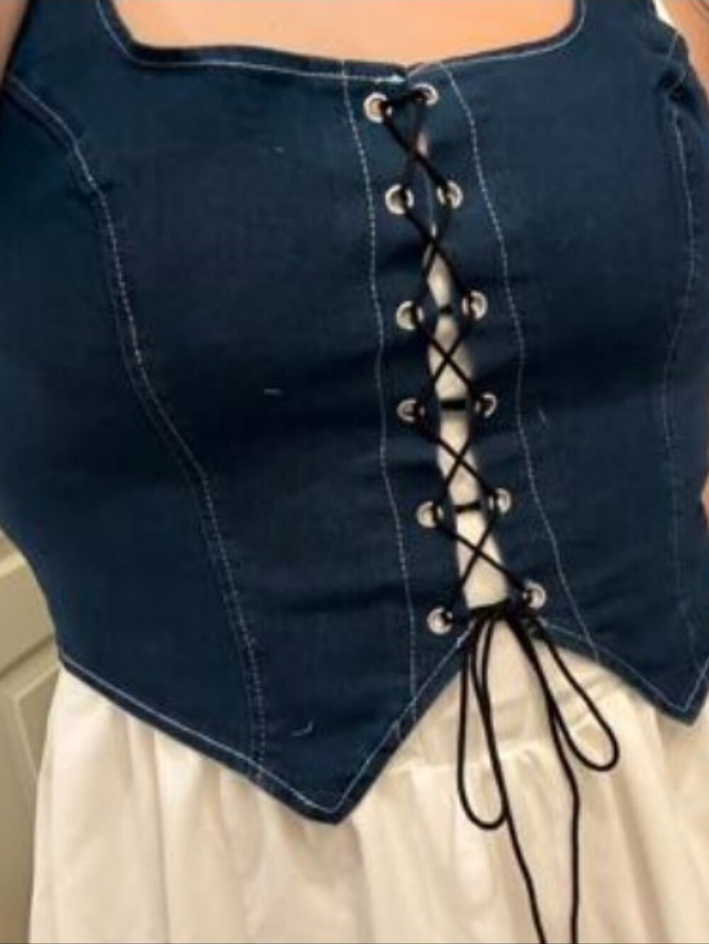 NWT SHEIN Lace-Up Front Blue Denim Corset Style Cropped Tank Top - 1XL